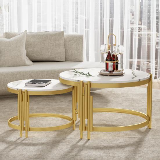 Sofa Side Table Modular Coffee Set, Marble Look, Golden Metal Frame, Round Tea Tables in Two Sizes, Nesting Table, Set of 2