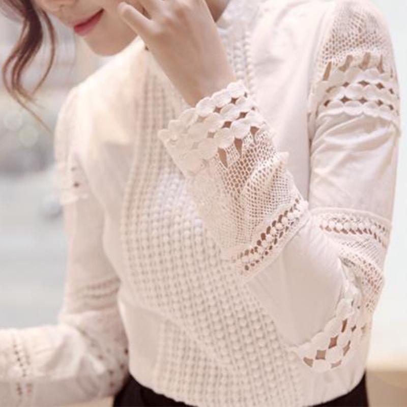 Sweet Women Hollow Out Lace Tops With Casual Long Sleeve Design And Elegant Collar Standing