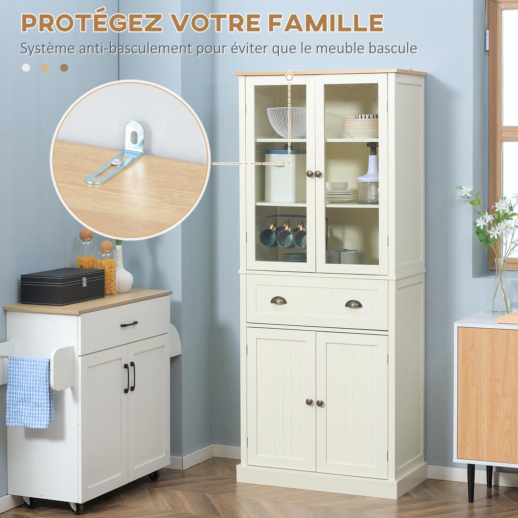 Sideboard Kitchen Storage Unit Kitchen Cabinet 4 Doors Including 2 Glass Doors and 1 Drawer Height 182.5 cm with Adjustable Shelves - Beige