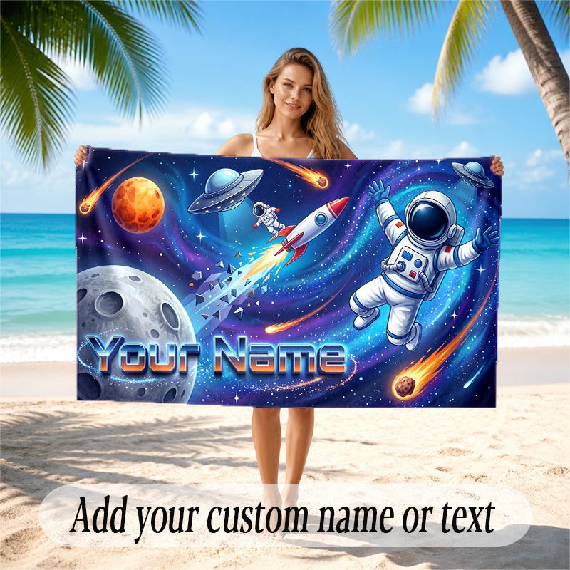 Astronaut Space Theme Quick Dry Beach Towel Custom Name Text Print Large Sand Resistant Towel Beach Vacation