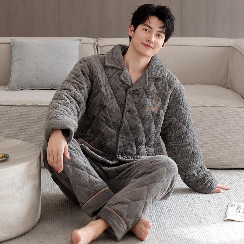 Pajamas Men's Winter 1011 New Three-layer Thickened Fleece Padded Cotton Autumn and Winter Middle-aged Dad Large Size Winter Loungewear