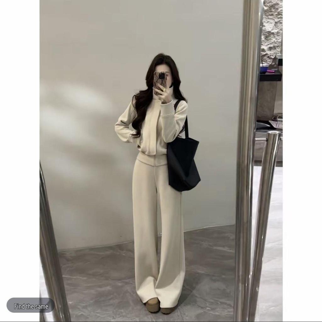 Women's Fleece-Lined Two-Piece Sports Suit - Thickened Stand Collar Cardigan & Wide-Leg Pants for Autumn & Winter