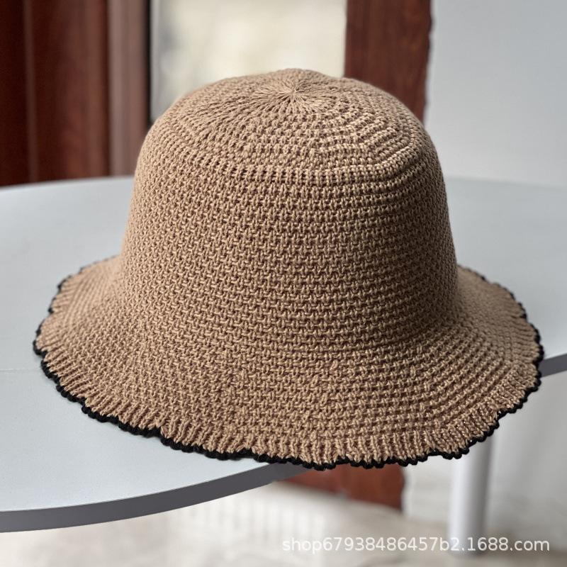 New Xiaoxiangfeng wavy eaves bucket hat women's temperament woven foldable breathable sunshade sunscreen bucket basin hat
