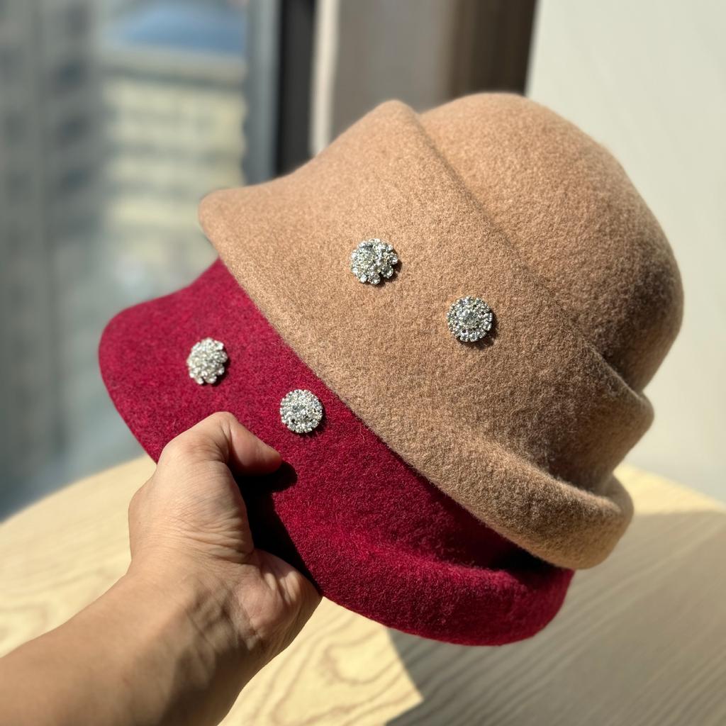 Ny Höst och Vinter Elegant Hög Hatt Dam Ull Strass Fiskarhatt Brittisk Retro All Match Varm Ryttarhatt