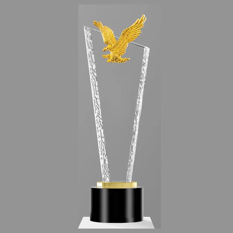 Customized High Grade Metal Gold, Silver, Copper Crown, Eagle, Pentagram, Awards, Commemorative Blade Shape, Crystal Trophy, 1Pc
