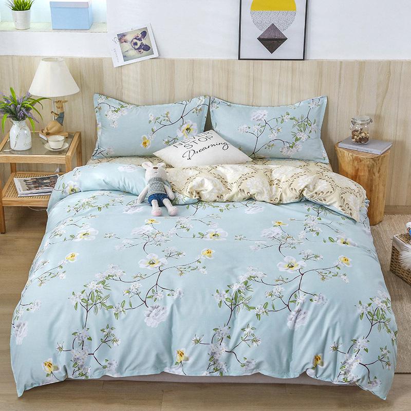 Four Seasons Sengesett 4 stk børstet sengetøy Husholdningsstudent-trykt laken Dynetrekk Putevar for King Queen Beds