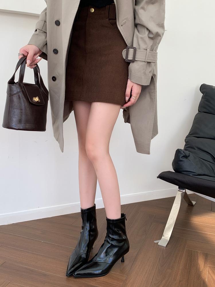 Boots Women's Fleece Skinny Boots Thin Heel High Heel Pointed Head Temperament Soft Leather Back Zipper Short Boots