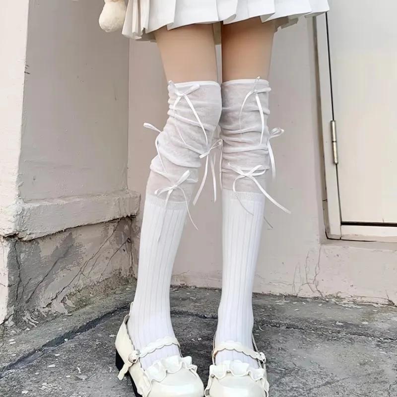 Lolita Long Socks Stockings Women JK Sweet Girls Kawaii Knee High Socks Ballet Style Bandage Bowknot Thigh High Socks Stockings