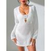 Women Sexy Deep V Hollow Out Long Flare Sleeve Crochet Flower Bodycon Mini Beach Cover Up Dress