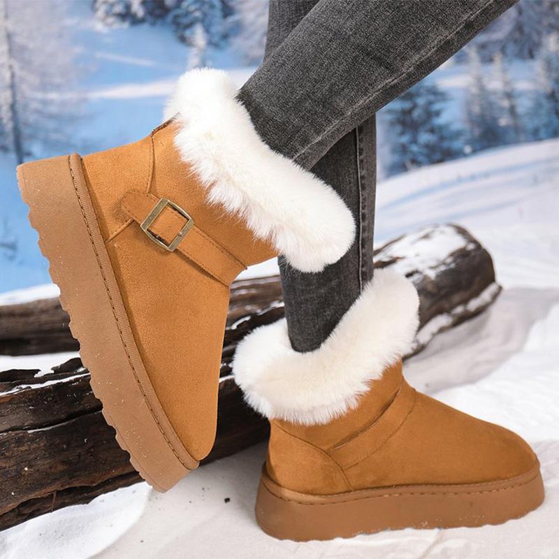 Fashion Furry Thick Warm Snow Boots Women Retro Buckle Detor Slip On Snow Boots Woman Winter Yellow Brown Platform Booties Female
