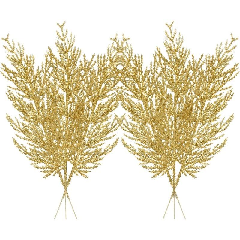 6pcs Christmas Artificial Pine Leaves Branches Gold Simulated Plants Glitter Garland Xmas Tree Ornament New Year Home Decoration
