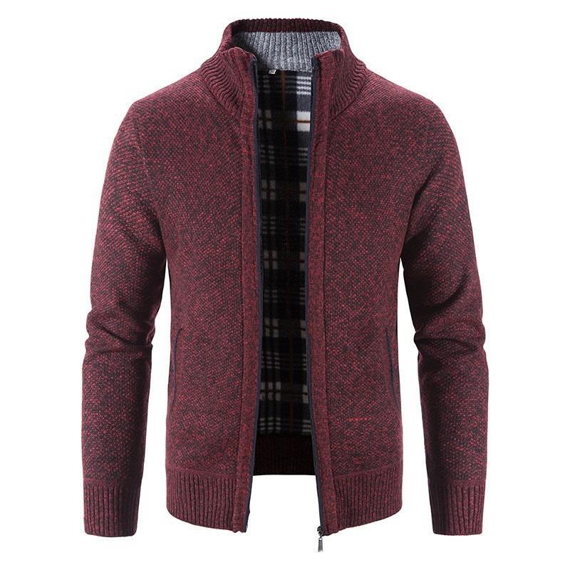 Mens Stand Collar Fleece Lined Solid Loose Knit Zip Up Long Sleeve Sweater Cardigan Coat