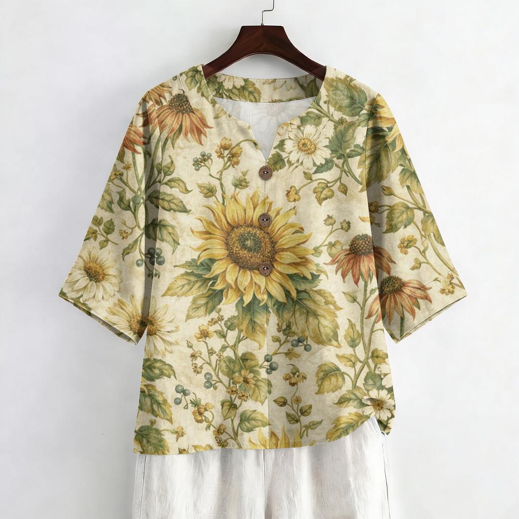 Women's Summer Fashion V-Neck 3/4 Sleeve Shirt Casual Loose-Fit Floral Print Top