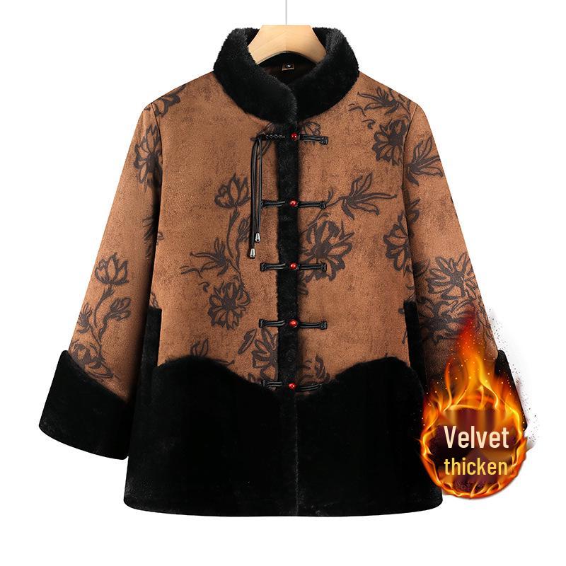 Printed Winter Plush-Lined Stand Collar Jacket for Middle-Aged & Elderly Women: Warm, Plus Size, Frog Button Cotton Coat