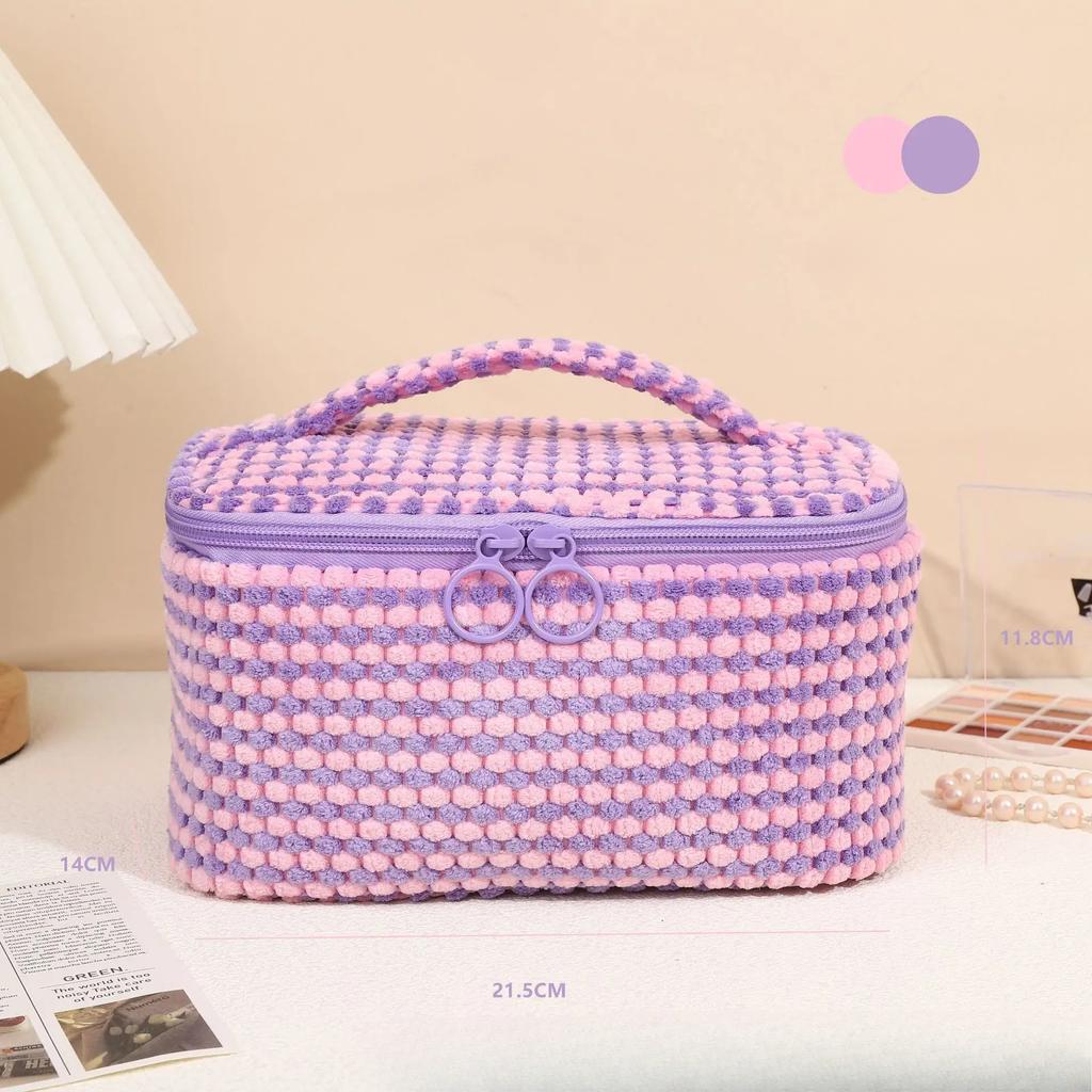 Plush Plaid Flip Makeup Bag for Women Large Capacity Cosmetic Bag Wash Bag Handeled Makeup Pouch Travel Cosmetic Organizer