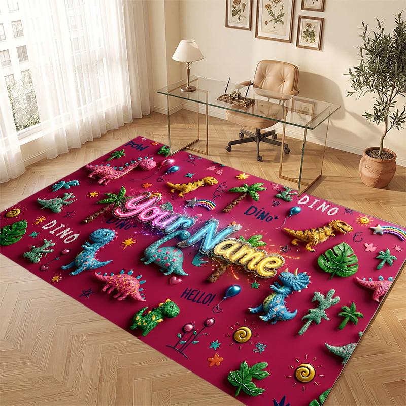 Dinosaur Theme Soft Crystal Velvet Rug Custom Name & Text Print Non Slip Floor Rug for Bedroom Living Room