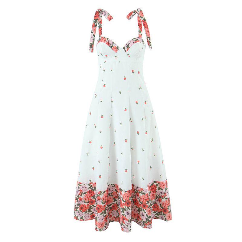 Orange Sunset House Same Style French style Pastoral Style Gentle Patchwork Floral Bow Lace-up Sling Dress