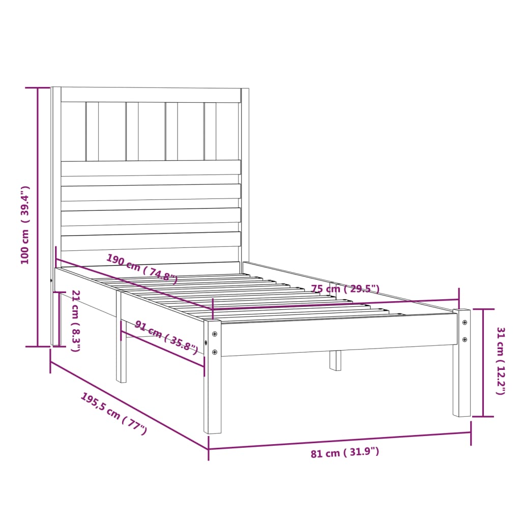Solid Wood Bed 75x190 Cm Pine
