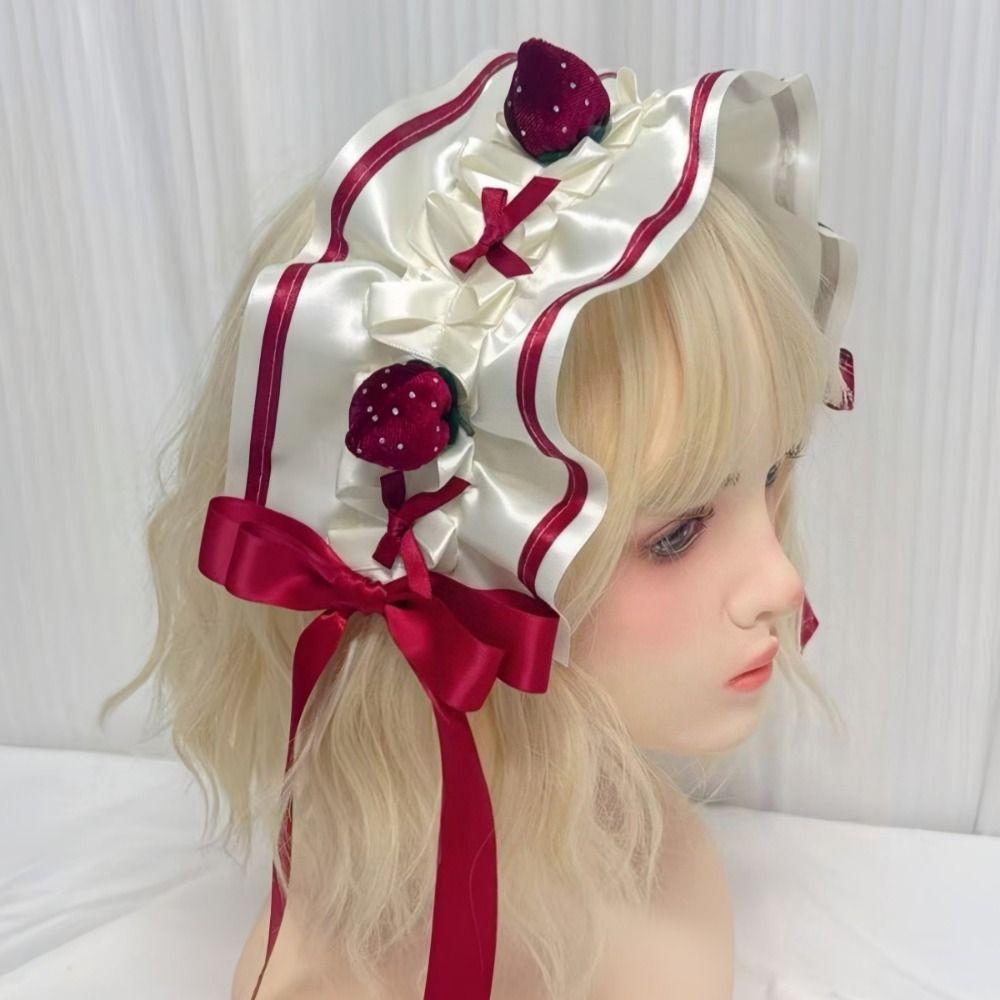 Gothic Strawberry Lolita Headband Handmade Elegant Lolita Bowknot Headdress Ruffled Bowknot Lolita Hair Accessories
