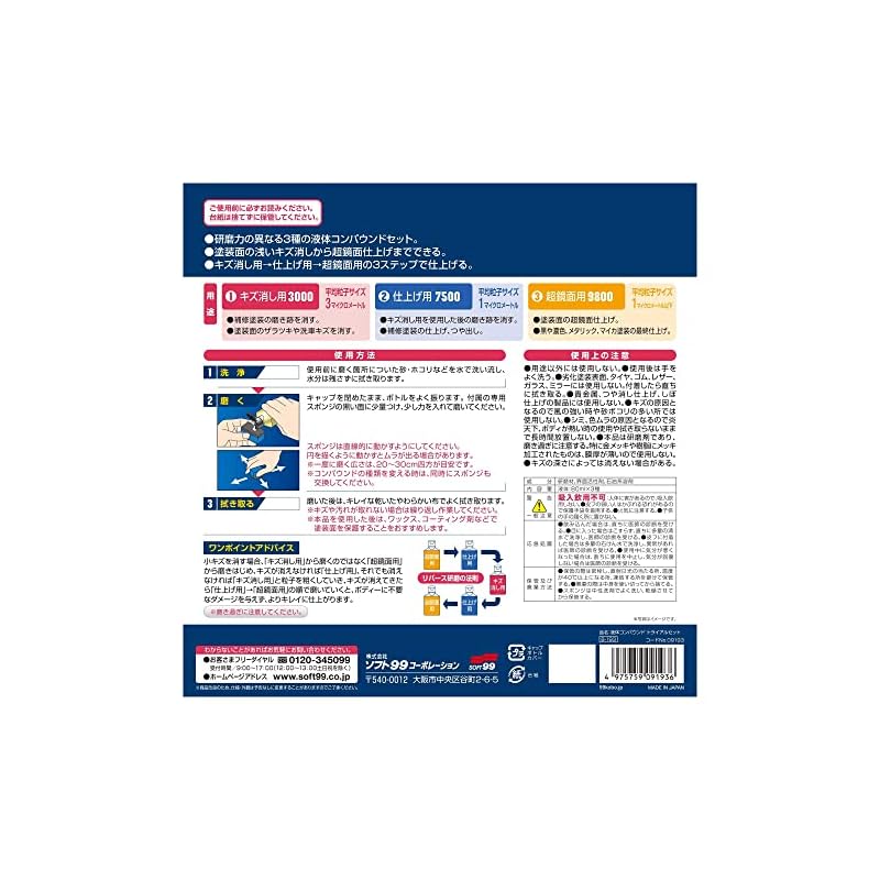 SOFT99 99 Workshop Repair Supplies Liquid Compound Trial Set: For removing scratches, finishing, and mirror-finishing painted surfaces. Includes