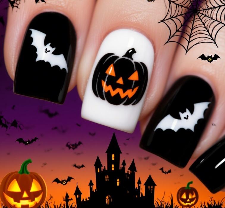 Europe and the United States hot-selling nail art Halloween new dark spice bat pumpkin medium length wearing nail piece Jelly glue + rubbing strips