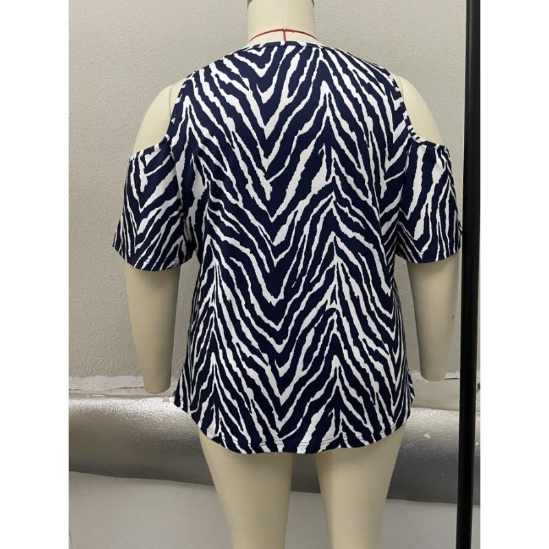 Summer New Women's Zebra Pattern V-neck Short-sleeved Casual Off-shoulder Top