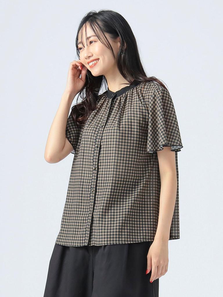 Beams Heart Cleric Blouse with Mellow Free Size Women's S/S Sleeves, Brown.Gingham,