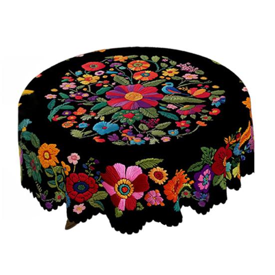 Mexican Floral Tablecloth Round Table Cover with Scalloped Edge Colorful Flower Folk Art Pattern
