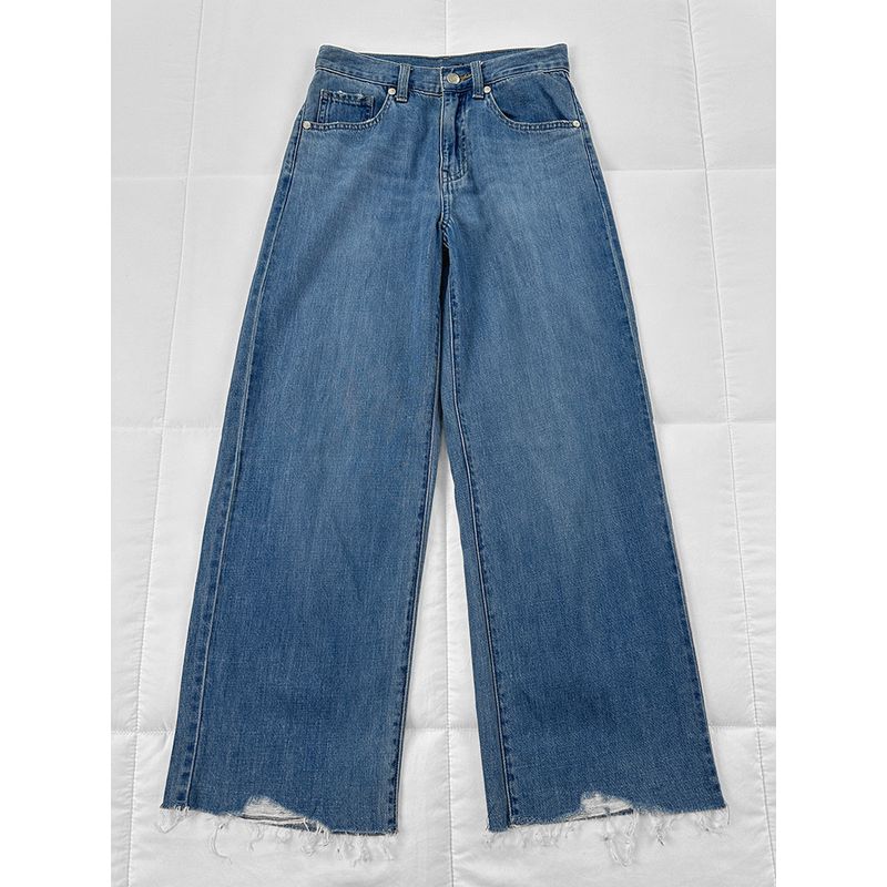 

Примерочная Классические Ретро Тонкие Джинсы Прямого Кроя с Рваным Краем Весенне-Летние Повседневные Легче всего Сочетать Выстиранный Деним с Высокой Посадкой Light blue 34