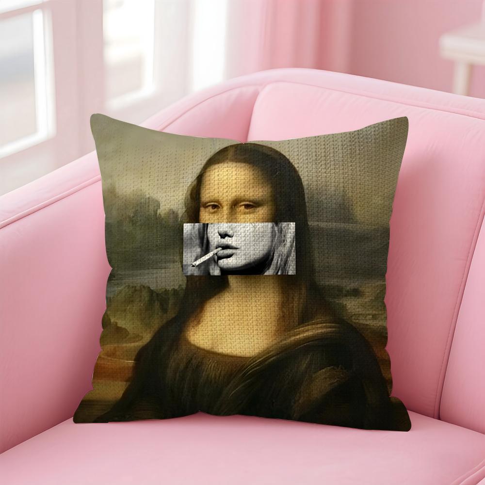 Mona Lisa Art Cushion Cover Natural Linen Pillow Case DoubleSided Print Decorative Sofa Pillowcase Home Decor Gift