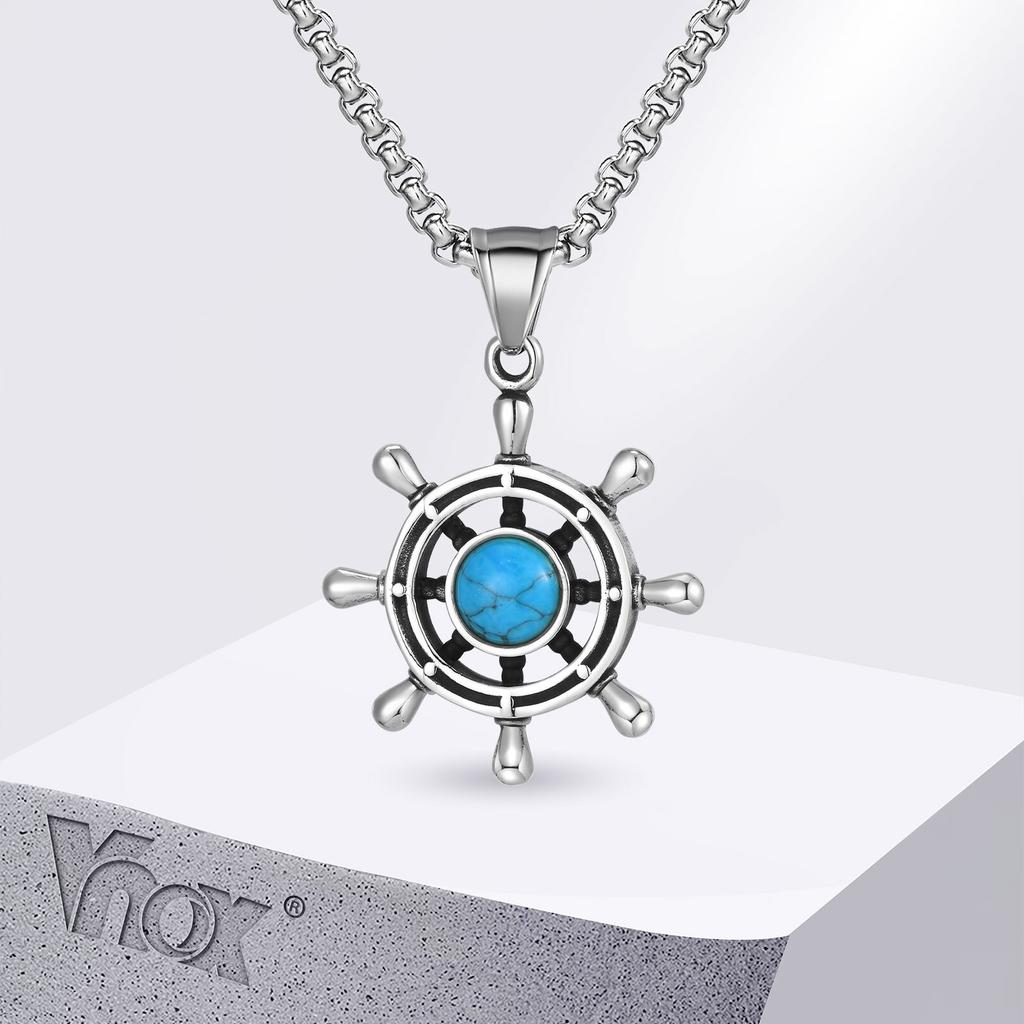 Vnox Rudder Turquoise Pendant Necklace for Men, Silver Color Stainless Steel Natural Stone Metal Necklaces, Trendy Jewelry Gifts
