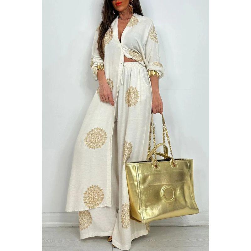 

Middle East Dubai Women Loose Long Print Robe Top Wide Leg Pants Two-piece Set White XXXL