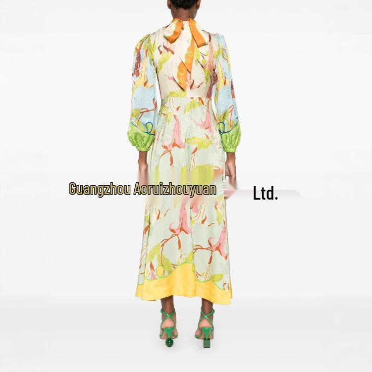 Spring Abstract Artist High Collar Lantern Sleeve Dress for Women