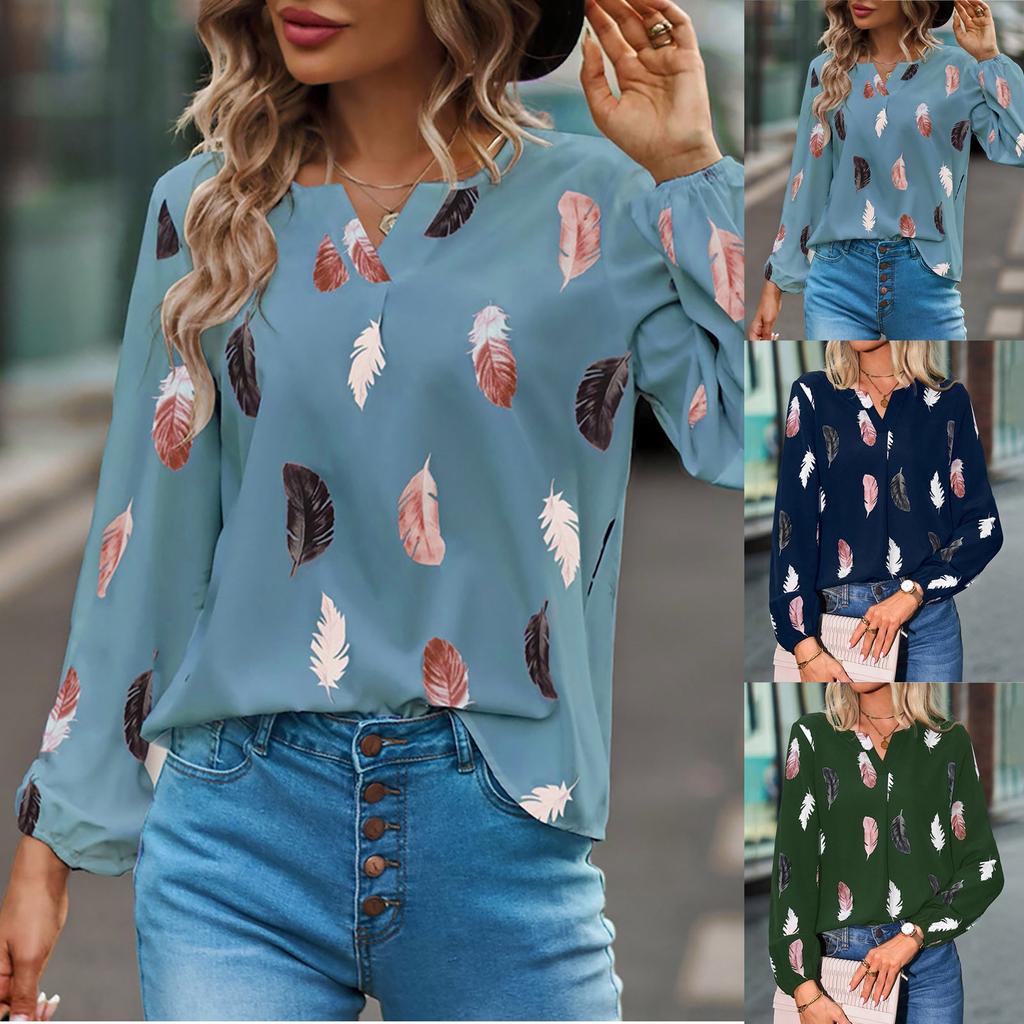 Women's Fashion Loose V-Neck Feather Print Long Sleeve Pullover Shirt Top