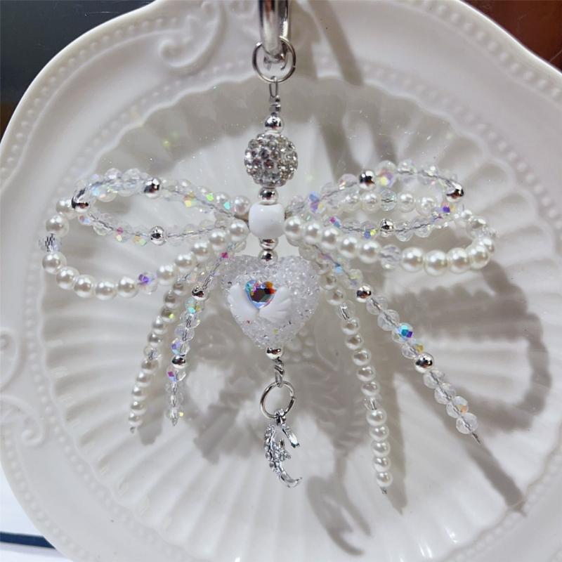 Delicate Bowknot Pendant Keychain Crystal Bead Phone Charm Heart Bows Phone Lanyard Keyring Decoration for Bag Backpack