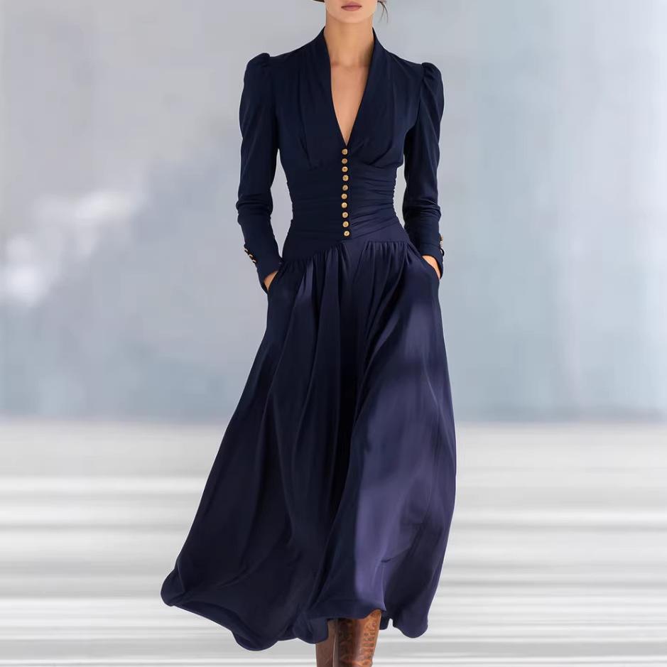 Abito Maxi da Donna con Scollo a V Profondo Vita Alta Senza Maniche Dettaglio Bottoni Tasca Elegante Abito da Sera per Feste