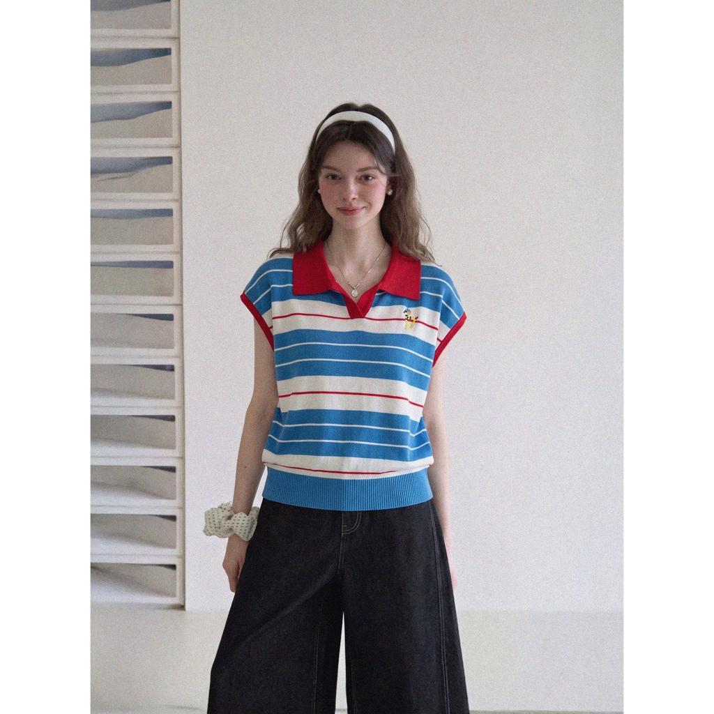 Korean small fresh contrasting color striped Polo collar top women's summer design sense embroidered age-reducing small fly-sleeved knitted sweater