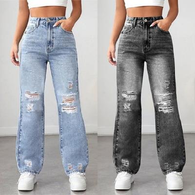 Kadın Düz Kesim Denim Kot Bayan Yüksek Bel Yırtık Delikli Sokak Giyim Bol Kot Pantolon