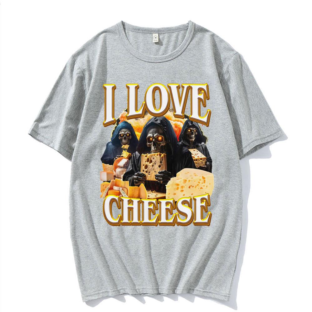 Funny Vintage Skeleton I Love Cheese Meme T Shirts Gothic Graphic T-shirts Men's Women Summer Crewneck Cotton T-shirt Streetwear