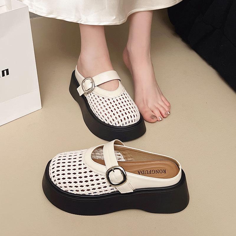 Thick-bottomed Bag Head Slippers Women's 2025 New Summer Fashion Outer Wear One-pedal Woven Hollow Breathable Half Slippers
