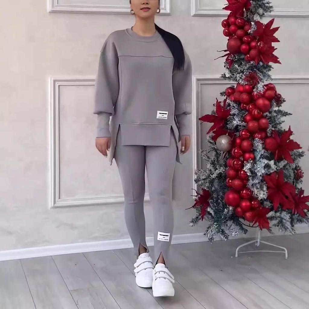 2025 European & American Women's Irregular Long Sleeve Printed Sweatshirt & Leggings Set