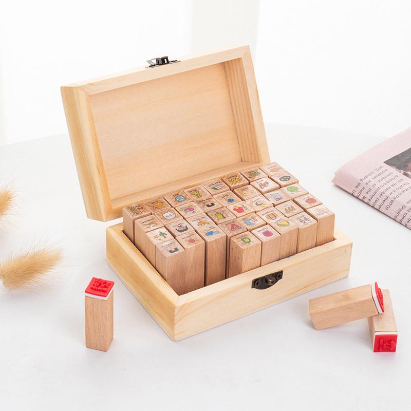 Wooden Box Diary Stamps Set: Cute Bunny & Cat Designs, 40 Pieces, 4 Styles