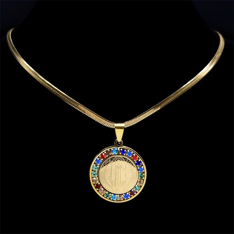 1Pc Stainless Steel St. Benedict Medal Pendant Jewelry New Product Hip Hop Round Coin Set Diamond Necklace