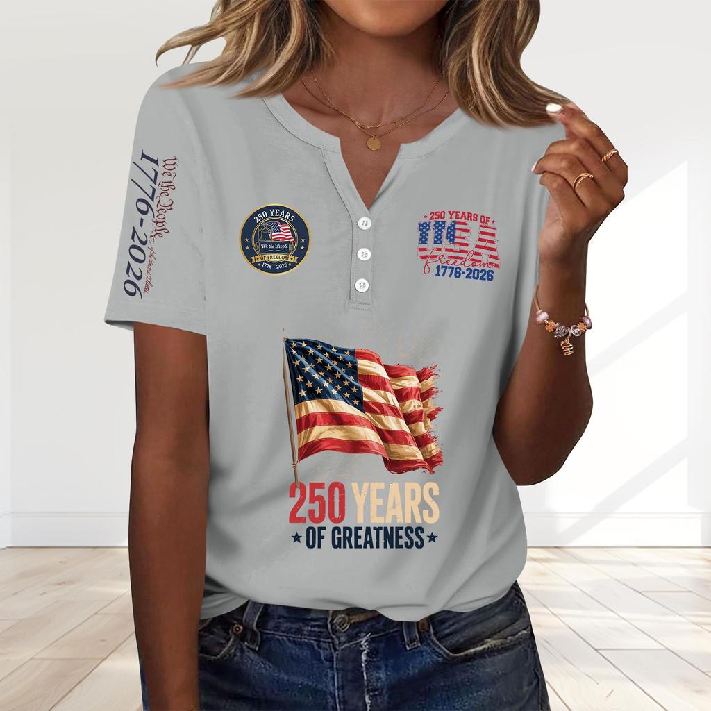 Women's Fashion Casual 250th Anniversary Independence Day Print V-Neck Short Sleeve Decorated Button-Up T-Shirt