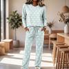 Dames Katoenen Pyjamaset met Ronde Hals Lange Mouwen Trekkoord Wijde Pijpen Broek voor Slapen en