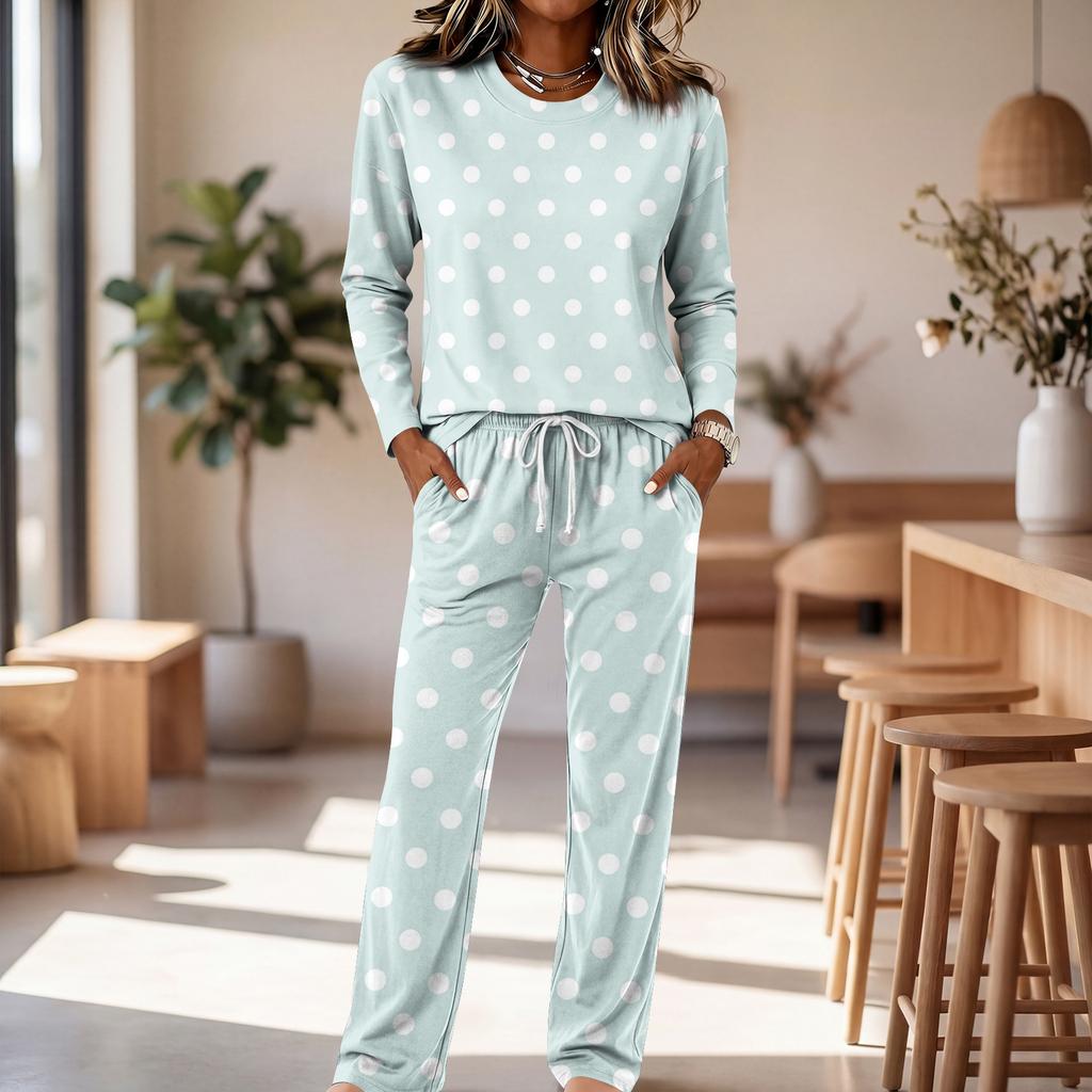 Dames Katoenen Pyjamaset met Ronde Hals Lange Mouwen Trekkoord Wijde Pijpen Broek voor Slapen en