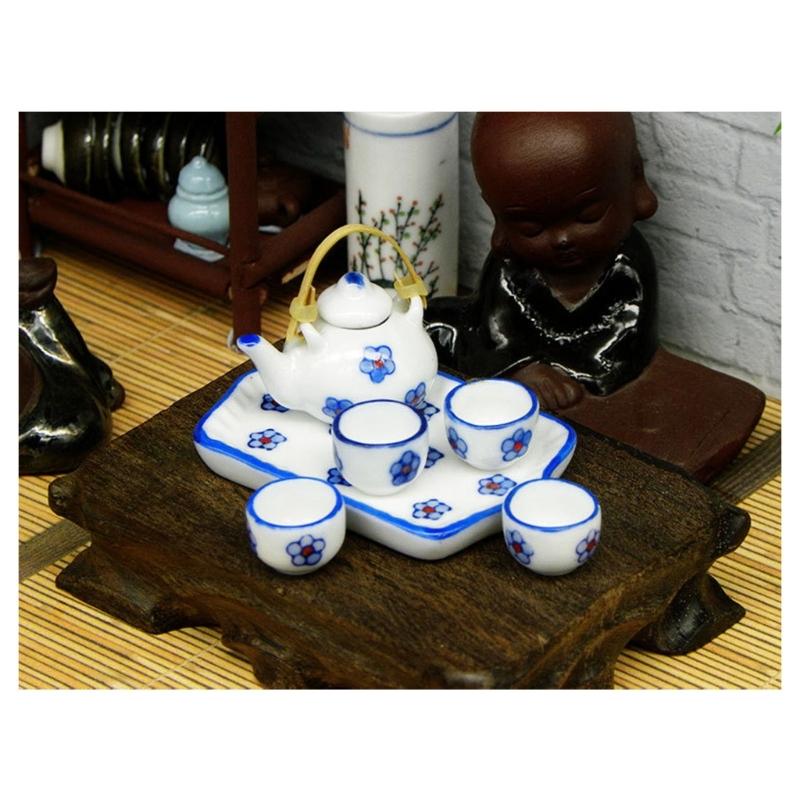 Miniature Teaware Set Model For Children And Collectors With Blue White Porcelain Teapot Cup Tray Doll House Furniture