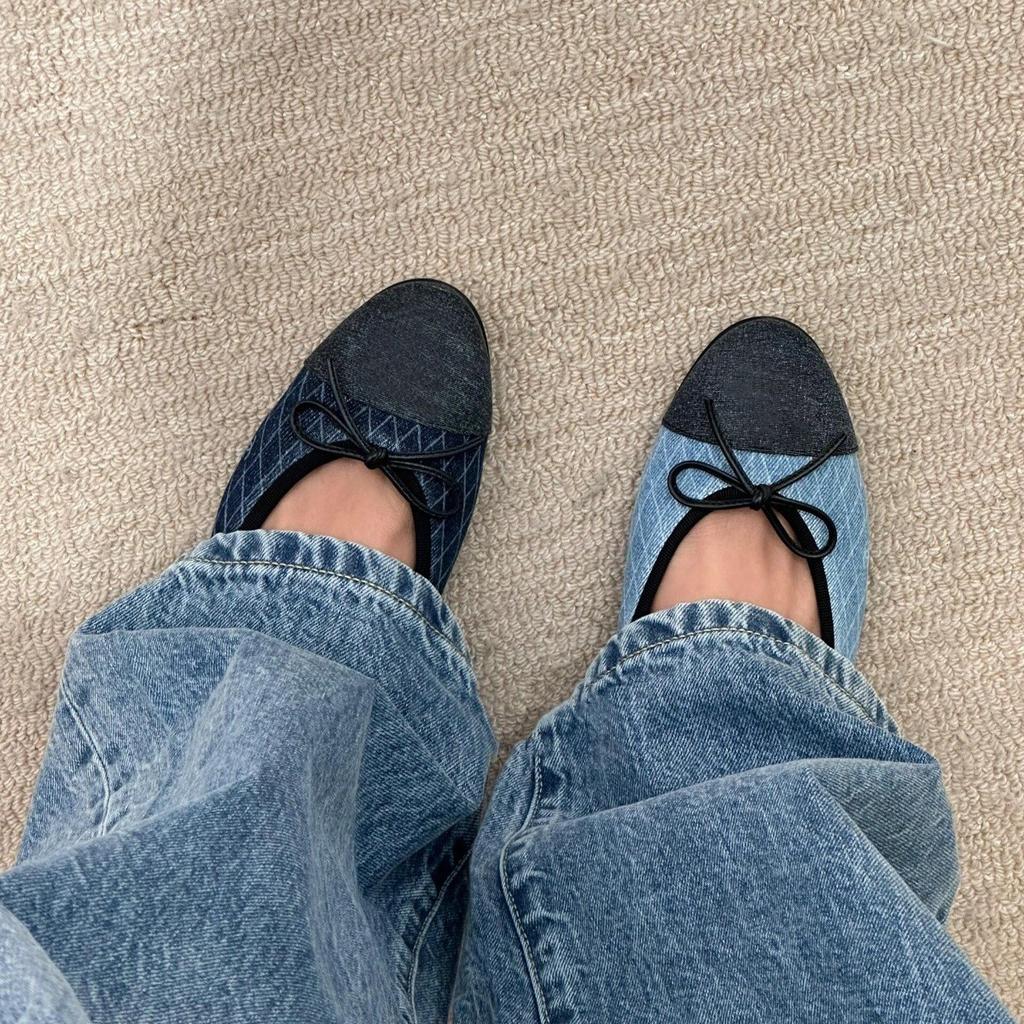 Sheepskin version~ Xiaoxiangfeng leather denim soft-soled single shoes women's spring plaid Mary Jane flats ballet shoes