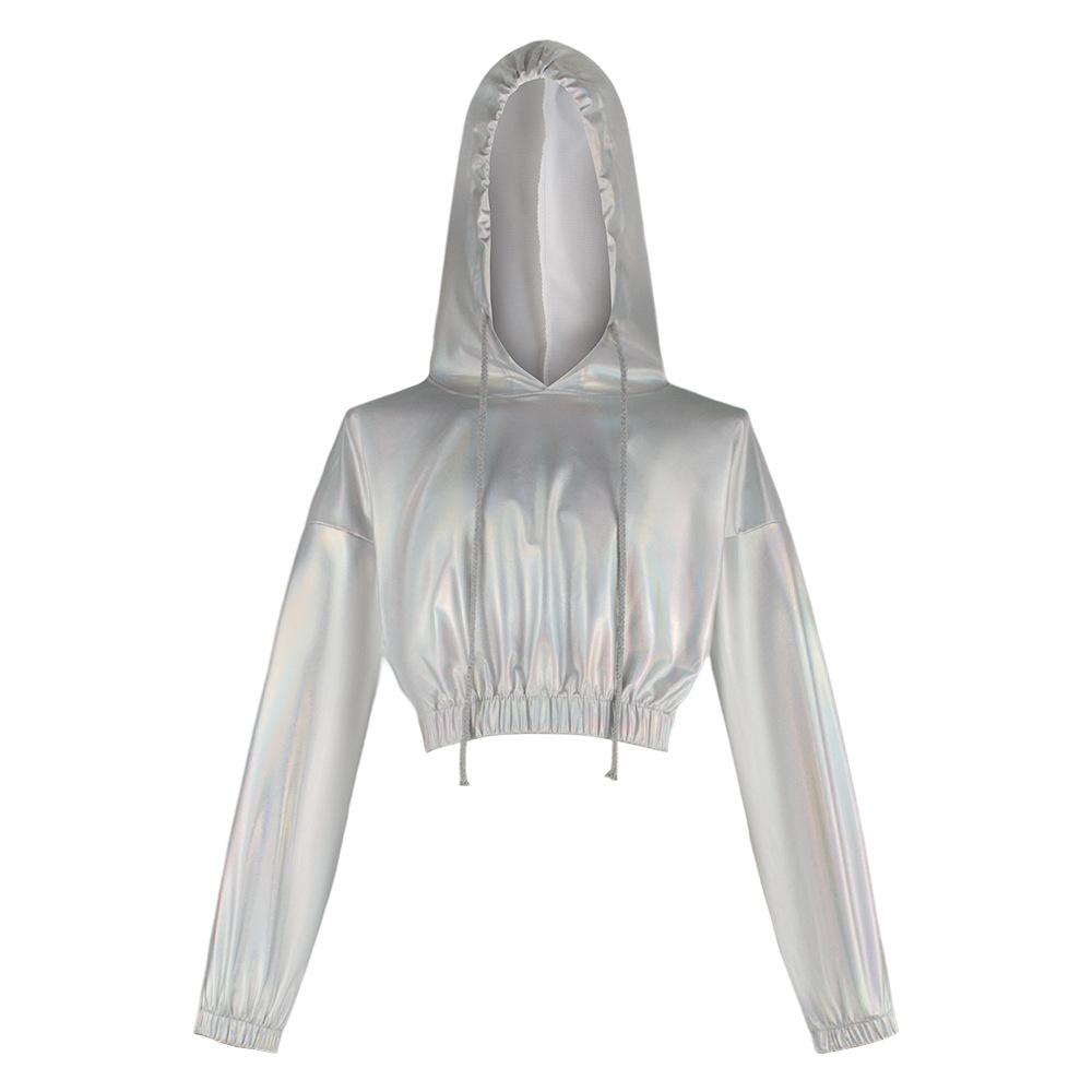 Halloween suit bright leather sexy leaking navel hooded long-sleeved jumper performance suit Symphony laser sweater
