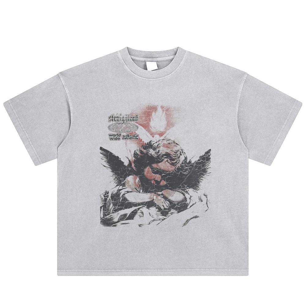 

Streetwear Angle Graphic T-Shirt Cotton Washed Tshirt Unisex Tops Tees Summer Short Sleeves T Shirt XXL серый